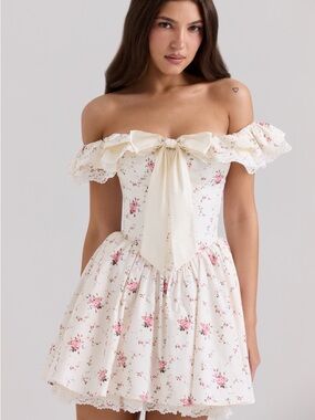 House of CB Jaide White Floral Off-Shoulder Corset Mini Dress